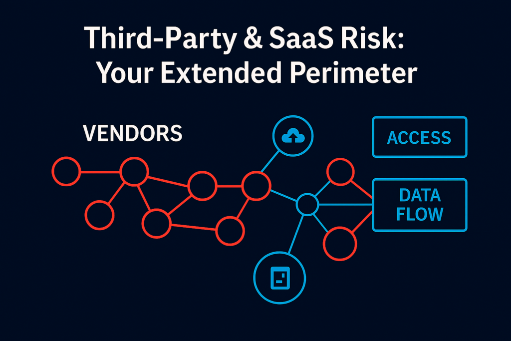 “Illustration of third‑party and SaaS risk showing vendor network nodes, cloud app access, and data flow connections representing an extended cybersecurity perimeter.”