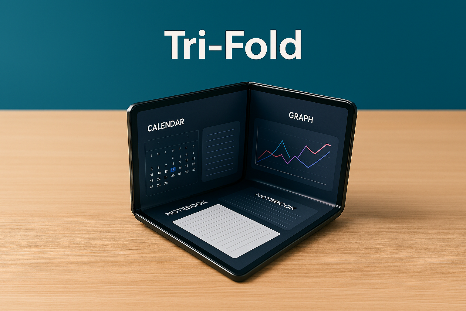 “Tri-fold smartphone opened on a wooden desk, displaying a digital calendar, graph analytics, and notebook interface across three connected screens—designed for multitasking and productivity.”